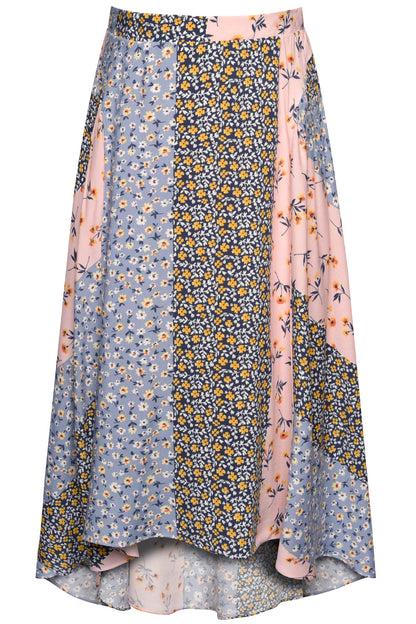 Blue Multi High-Low printed skirt w side elastic insert