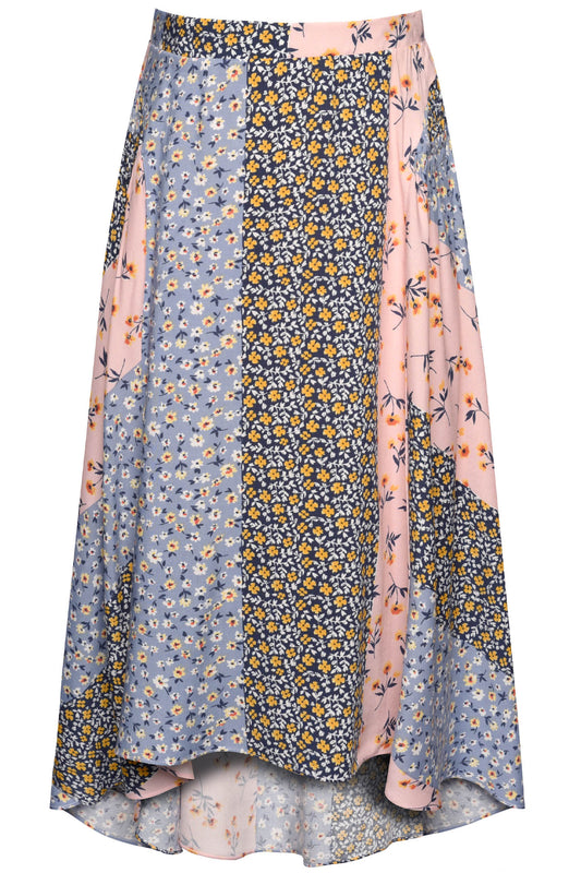 Blue Multi High-Low printed skirt w side elastic insert