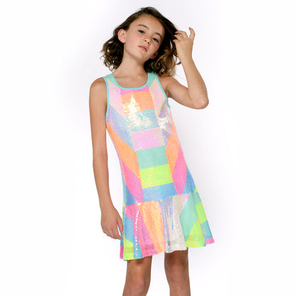 Neon Pink Dropped Waist Stripe Dress