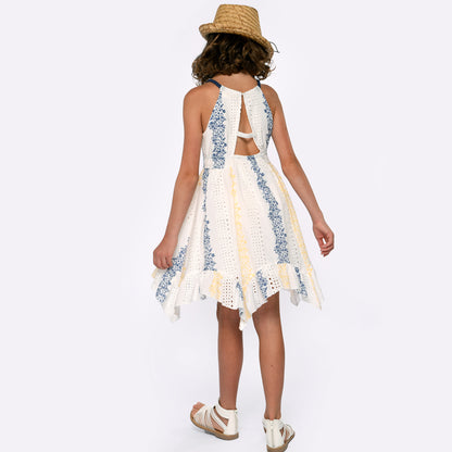 White Multi Printed Eyelet Halter Dress