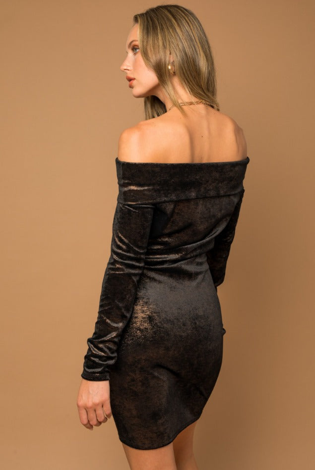 Black Velvet Long Sleeve Off Shoulder Dress