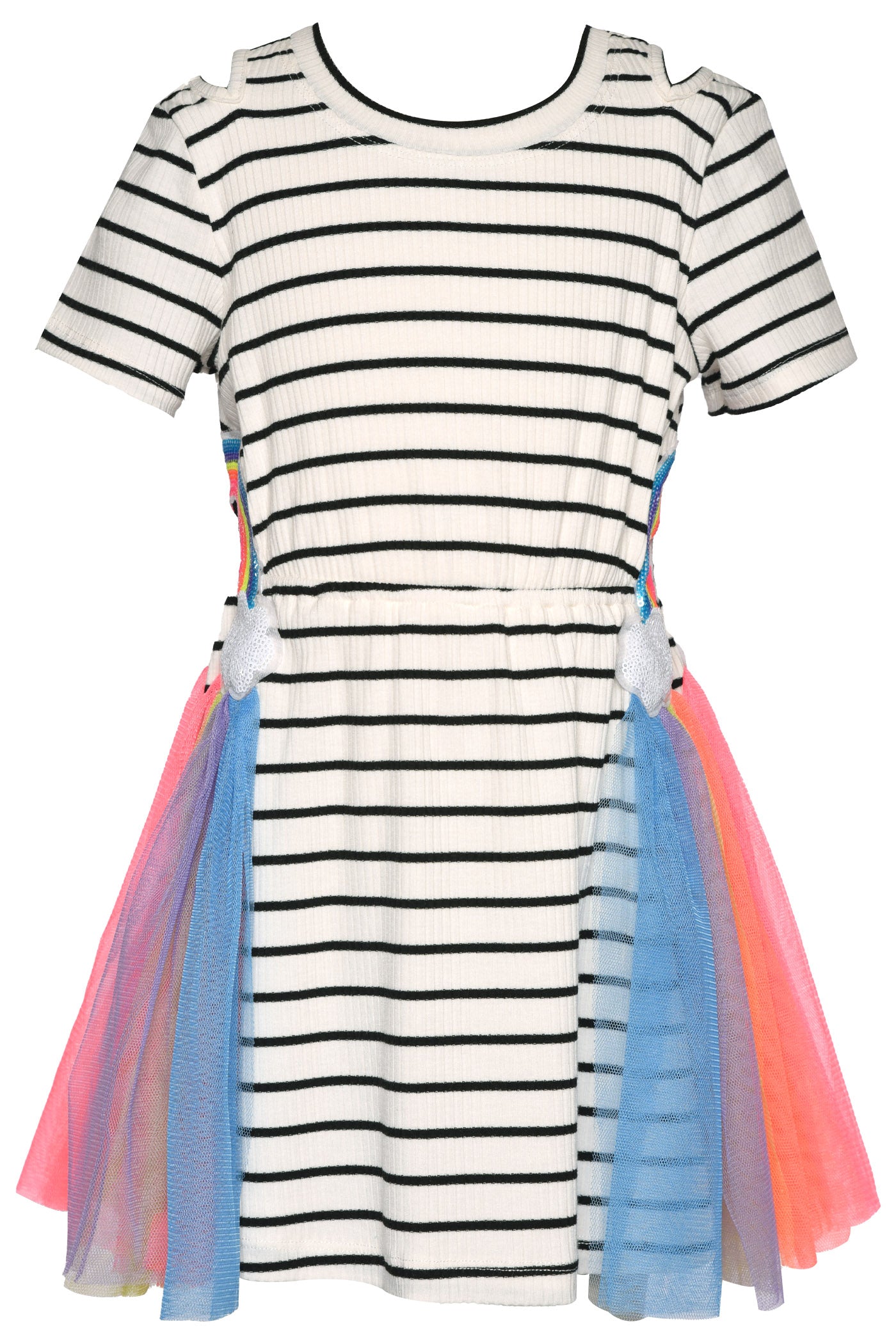 White Multi Stripe Dress w Side Rainbow Detail