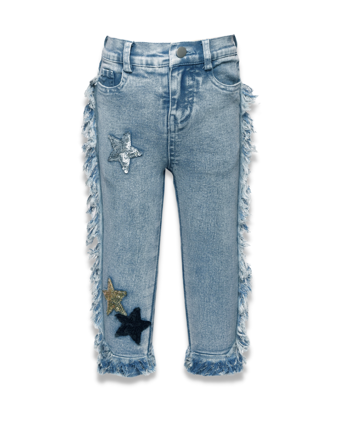 Denim Pants with Star Patches & Frayed Edge Detail