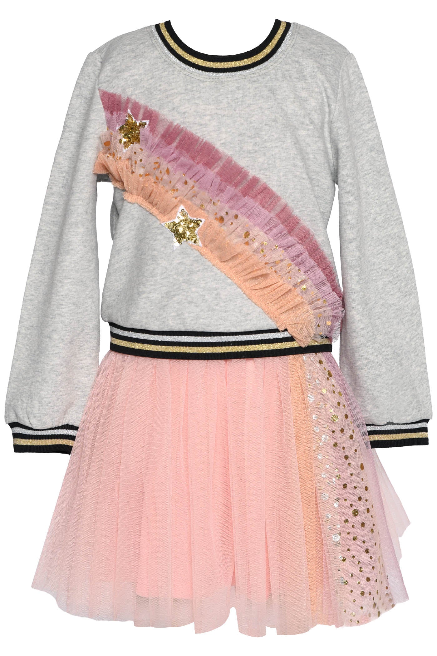 2pc Grey Pink Rainbow Sweater w Pink Tulle Skirt