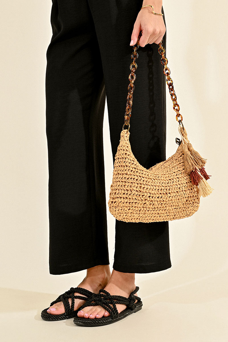 Beige Rattan Shoulder Bag