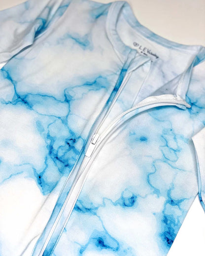 baby blue tie dye footie, infant marble print zip onesie, boutique zippered footed sleeper, toddler cozy footie pajamas, Milo ice tie dye baby outfit, boutique baby boy girl tie dye footie