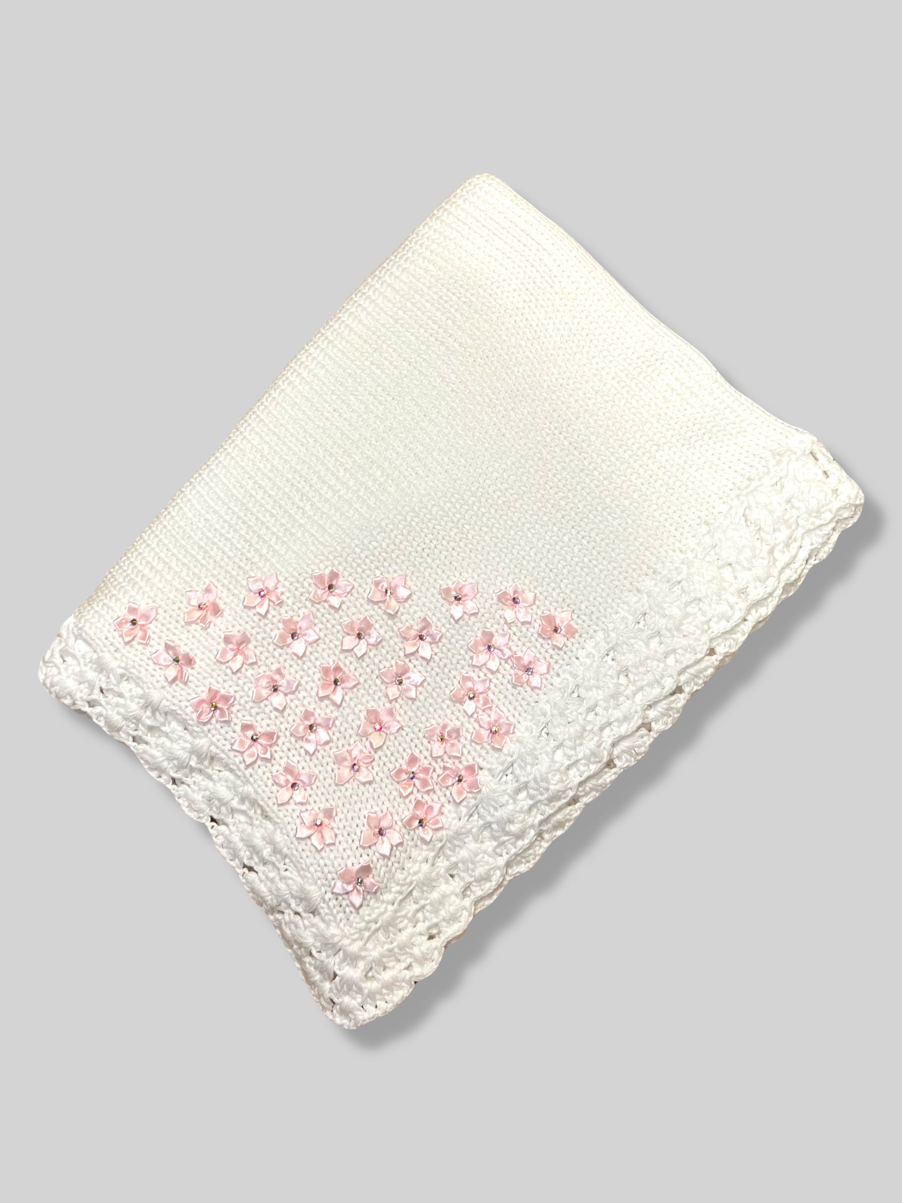 White Cotton Blanket with Pink Satin Flowers