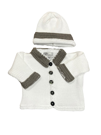 2pc White Cotton Sweater w Collar & Cuff