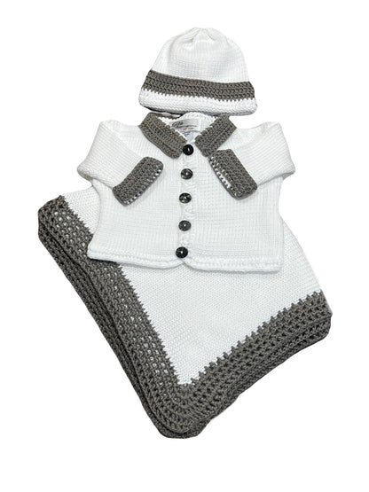 2pc White Cotton Sweater w Collar & Cuff