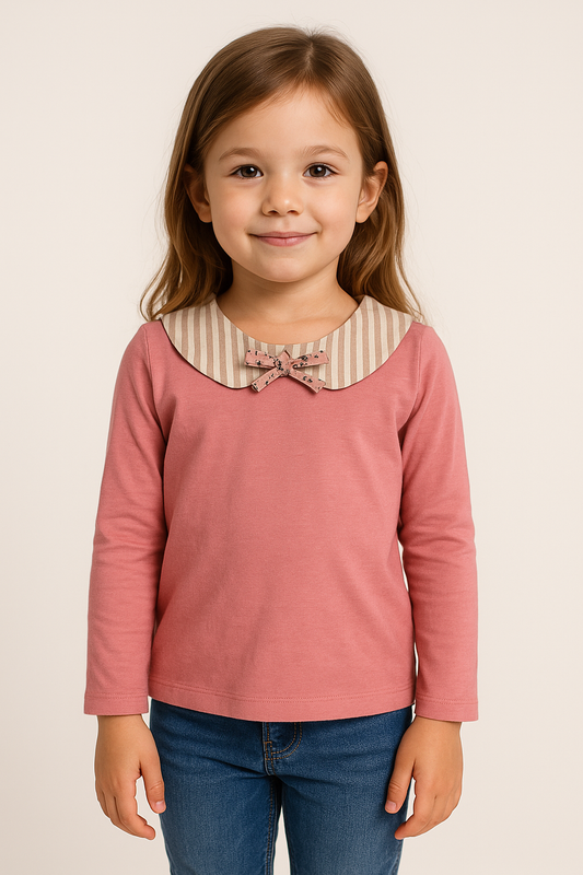 girls pink peter pan collar top, French rose long sleeve shirt, boutique baby girl clothing, Expressions Boutique NY kids fashion, striped collar bow top