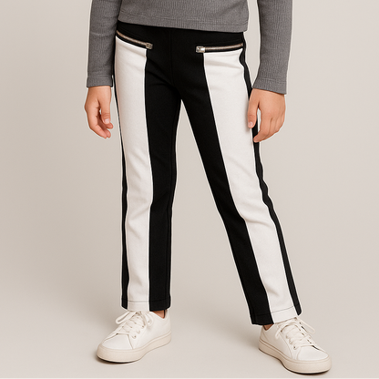 girls black and white pants, color block pants kids boutique, Expressions Boutique NY girls fashion, trendy zipper pants for girls, monochrome children’s outfit
