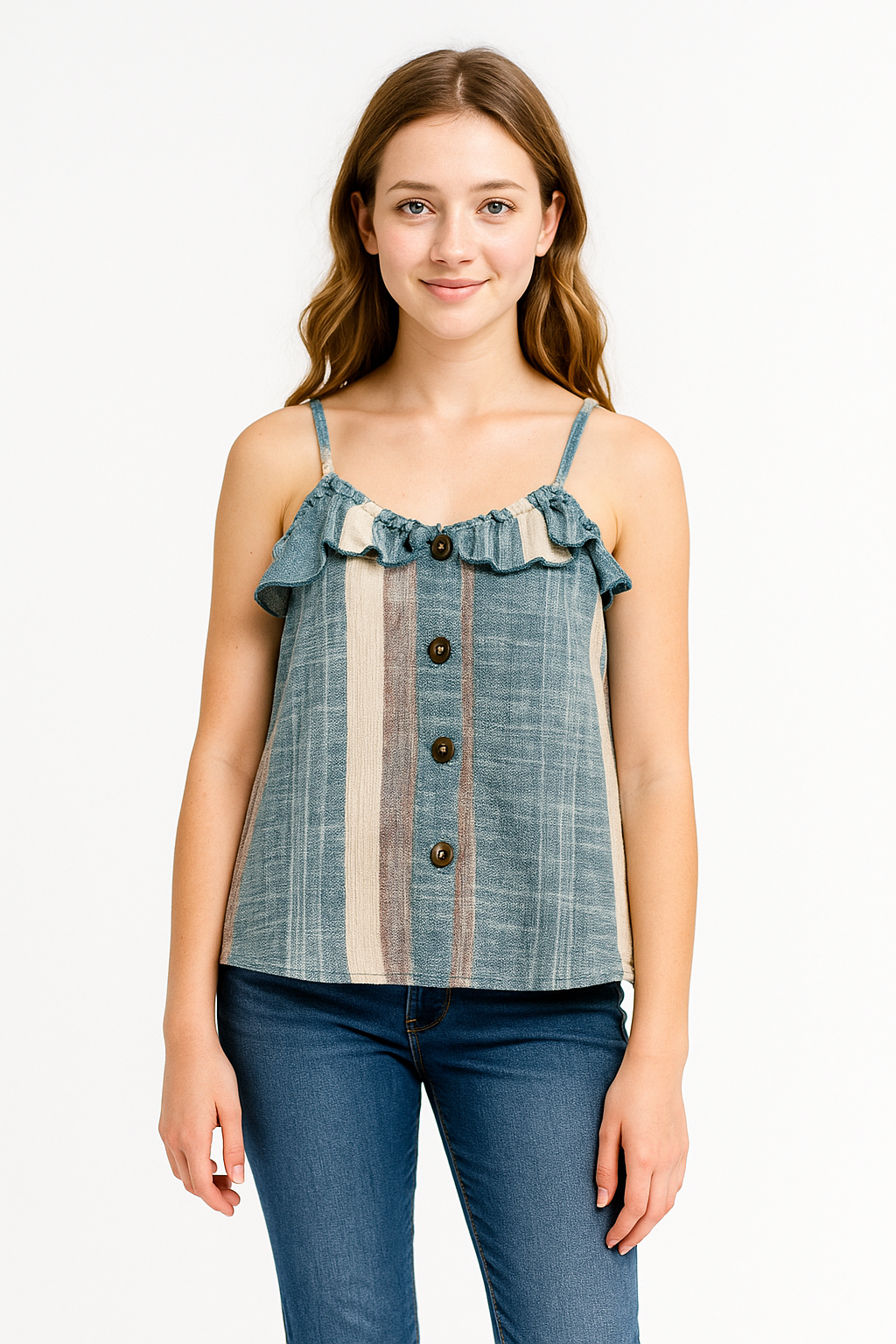 teal stripe top, ruffle spaghetti strap blouse, button front summer cami, Expressions Boutique NY women’s fashion, lightweight woven top