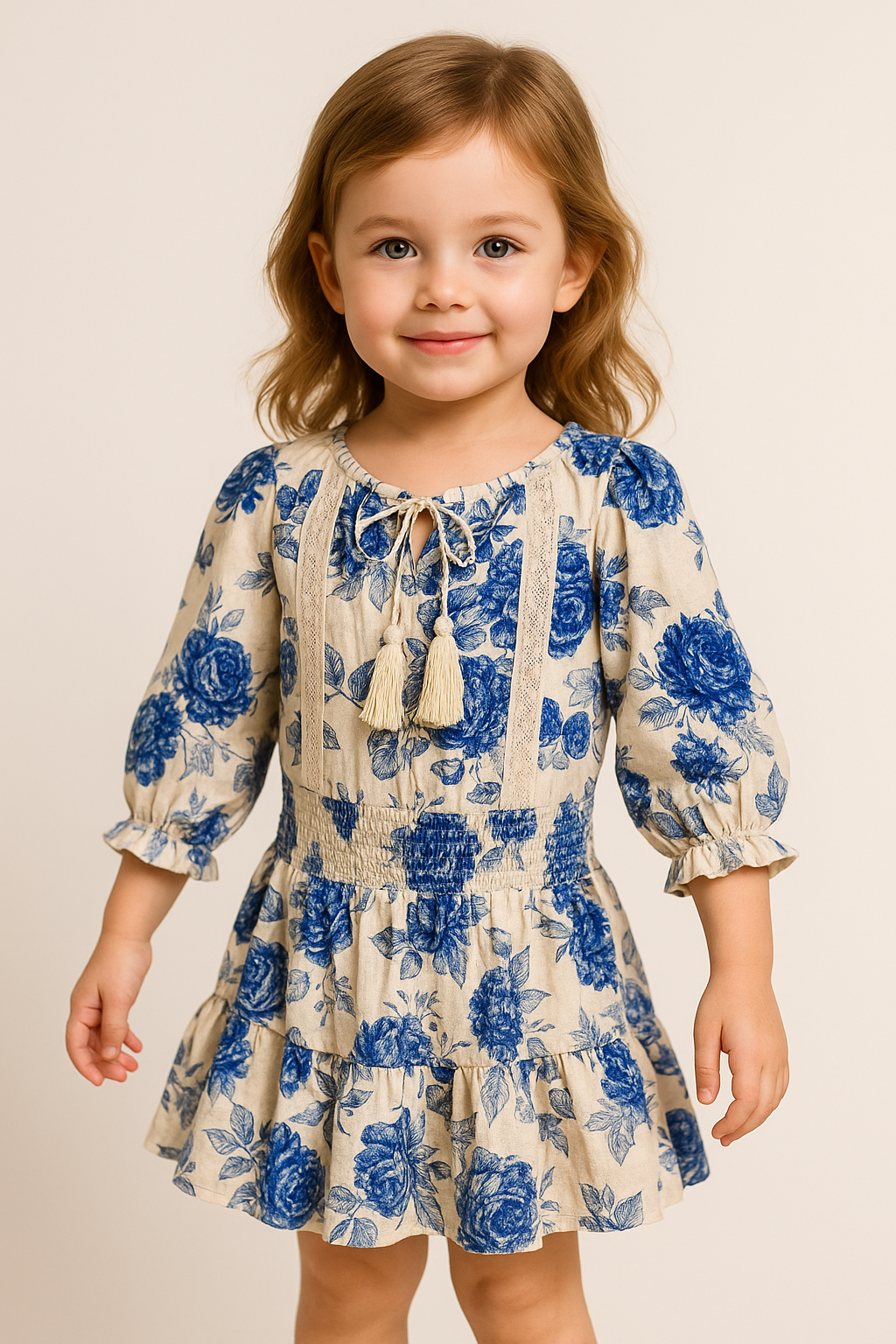 indigo rose dress, girls floral dress, blue peasant dress, boho girls outfit, boutique girls clothing, ruffle hem dress, smocked waist dress, kids fall fashion, blue flower print dress