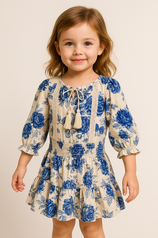 indigo rose dress, girls floral dress, blue peasant dress, boho girls outfit, boutique girls clothing, ruffle hem dress, smocked waist dress, kids fall fashion, blue flower print dress