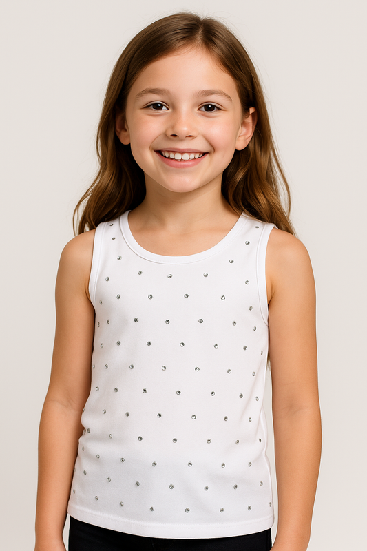 girls white tank, studded tank top, girls sleeveless top, boutique girls basics, trendy kids clothing, girls summer top, white studded shirt, stylish girls outfit basics