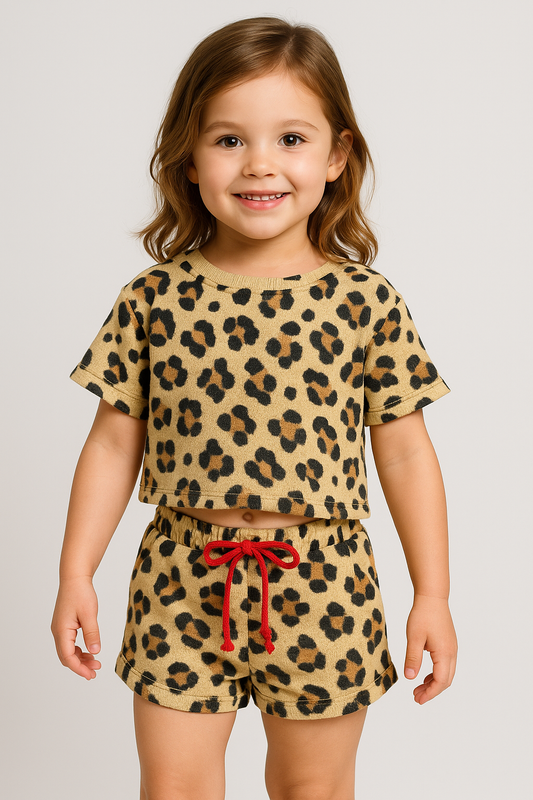 girls lounge set, leopard print set, fleece toddler outfit, girls matching shorts set, animal print kids clothing, boutique girls loungewear, comfy girls summer set, camel leopard outfit