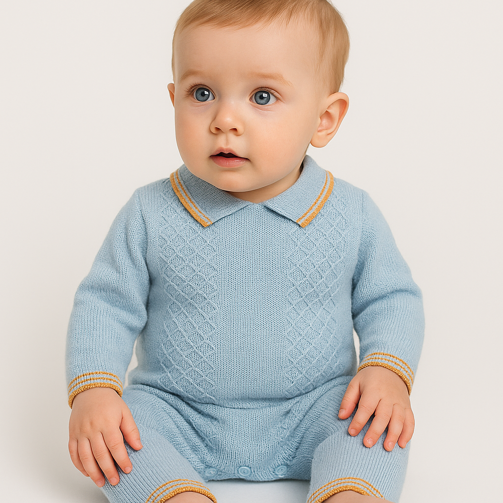 boutique baby boy romper Expressions Boutique NY, light blue knit romper with camel trim, classic cotton baby outfit, heirloom knit newborn romper breathable cotton, elegant infant boy one piece