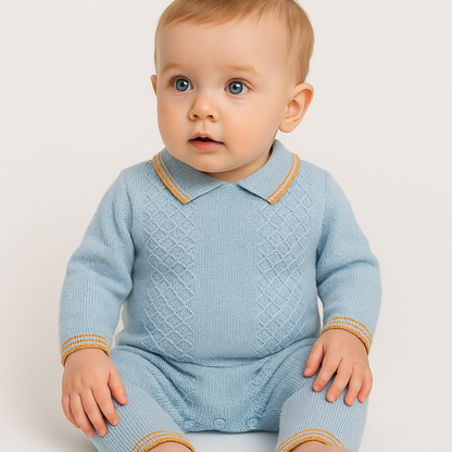 boutique baby boy romper Expressions Boutique NY, light blue knit romper with camel trim, classic cotton baby outfit, heirloom knit newborn romper breathable cotton, elegant infant boy one piece