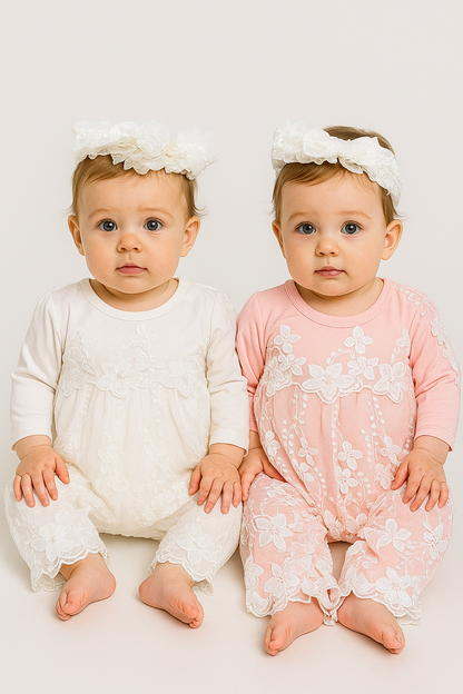 2pc White Lace Overlay Romper w HB