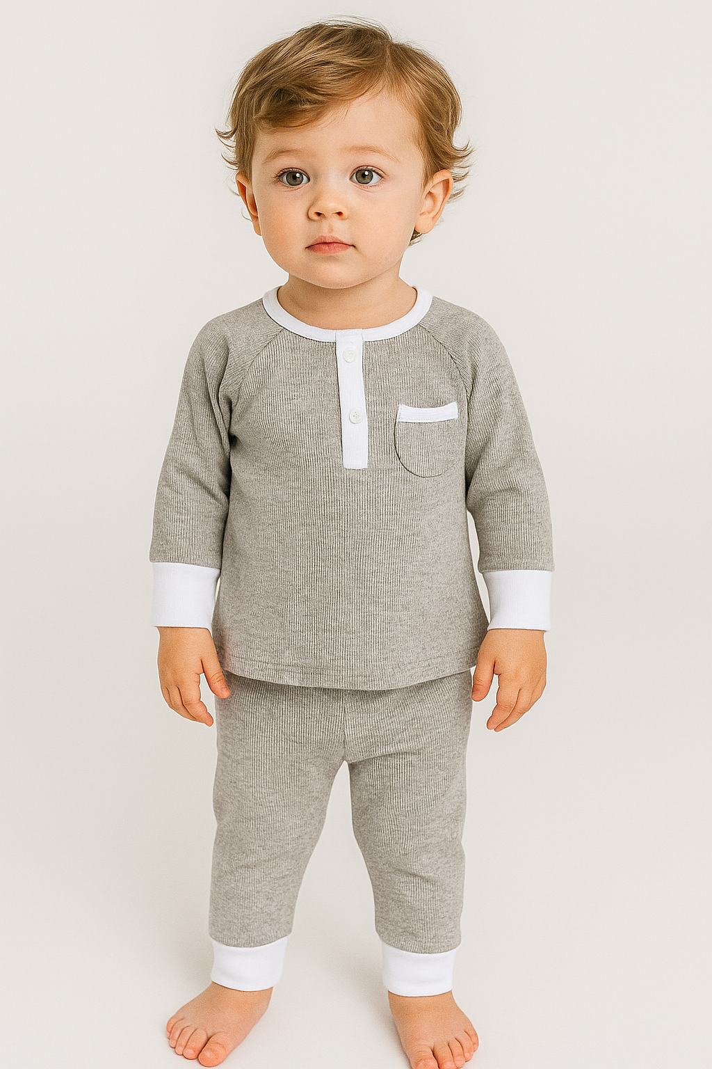 boutique baby boy lounge set Expressions Boutique NY, grey ribbed baby outfit, cotton two-piece pajama set, neutral baby clothes breathable cotton, soft toddler lounge wear comfy knit