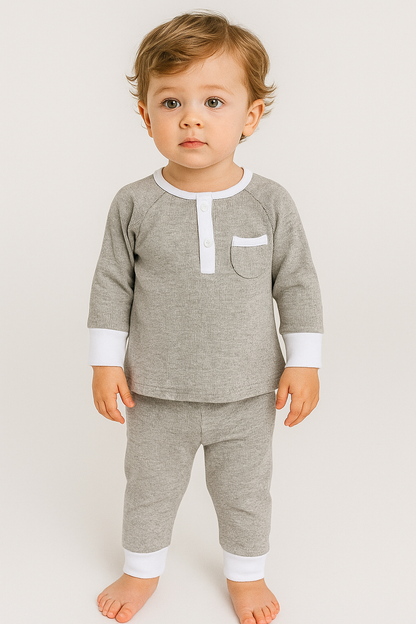 boutique baby boy lounge set Expressions Boutique NY, grey ribbed baby outfit, cotton two-piece pajama set, neutral baby clothes breathable cotton, soft toddler lounge wear comfy knit