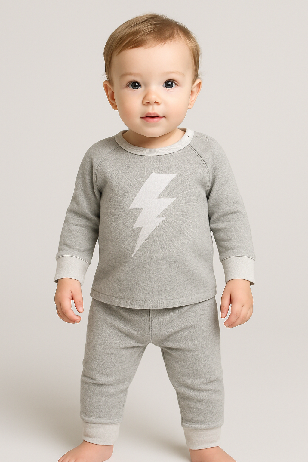 boutique baby boy outfit Expressions Boutique NY, grey lightning bolt two-piece set, ribbed cotton toddler outfit, cozy lounge set for kids, unisex baby clothes neutral grey soft cotton