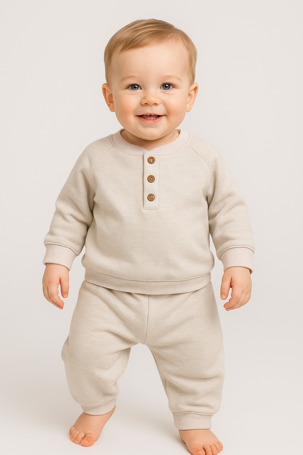 boutique baby boy pant set Expressions Boutique NY, beige neutral toddler lounge outfit, ribbed cotton kids co-ord set, minimal unisex baby clothing soft cotton, fall toddler matching set comfy knit