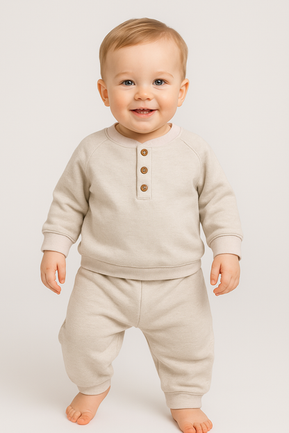 boutique baby boy pant set Expressions Boutique NY, beige neutral toddler lounge outfit, ribbed cotton kids co-ord set, minimal unisex baby clothing soft cotton, fall toddler matching set comfy knit