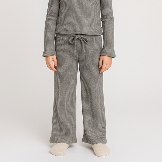 boutique women’s loungewear set Expressions Boutique NY, grey sparkle knit pants, metallic ribbed co-ord set, soft waffle knit lounge outfit, chic comfy set for women neutral tones