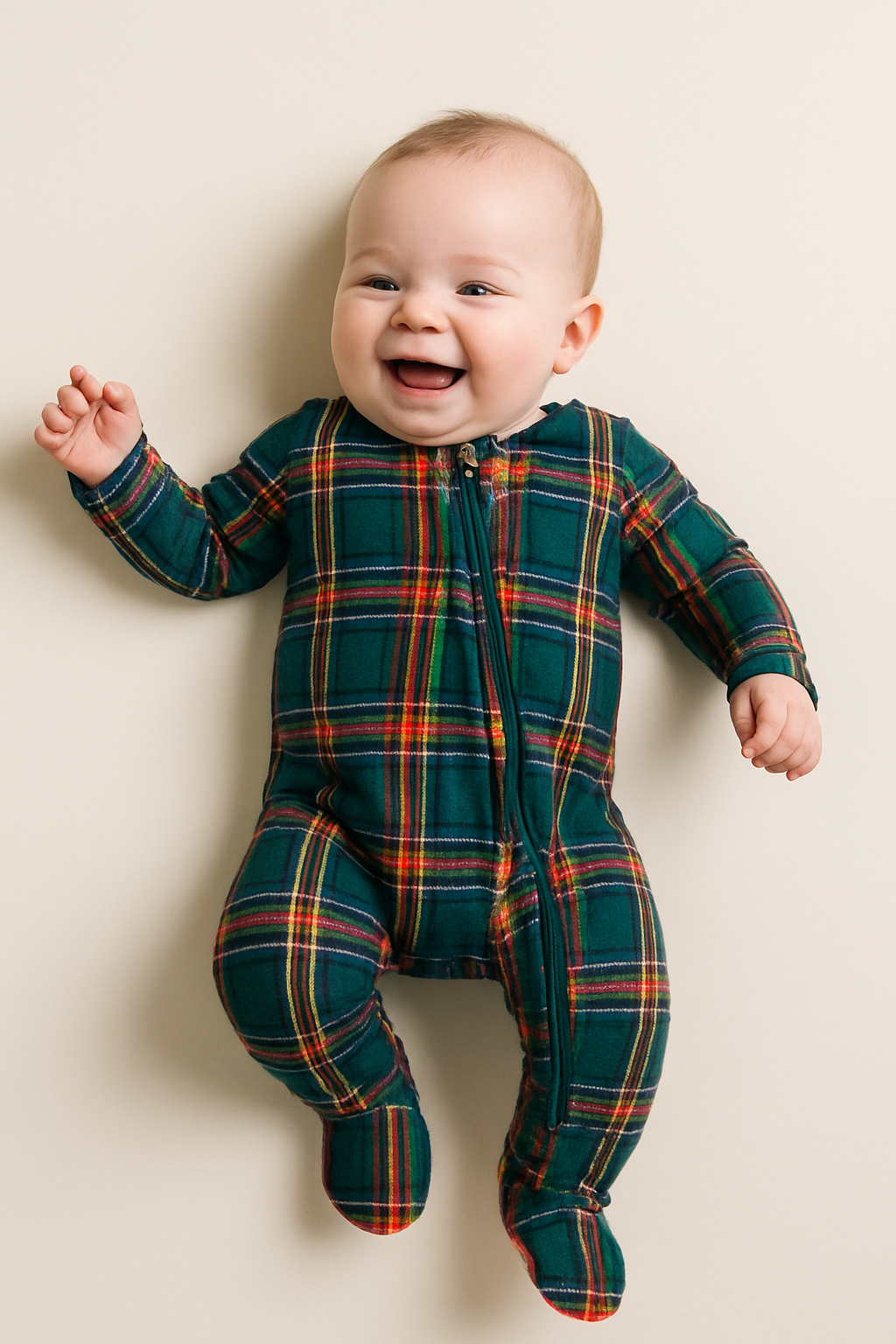 plaid baby footie Expressions Boutique NY, holiday baby pajamas, tartan zippered footie, Christmas baby outfit, boutique holiday infant sleeper, plaid baby girl boy onesie