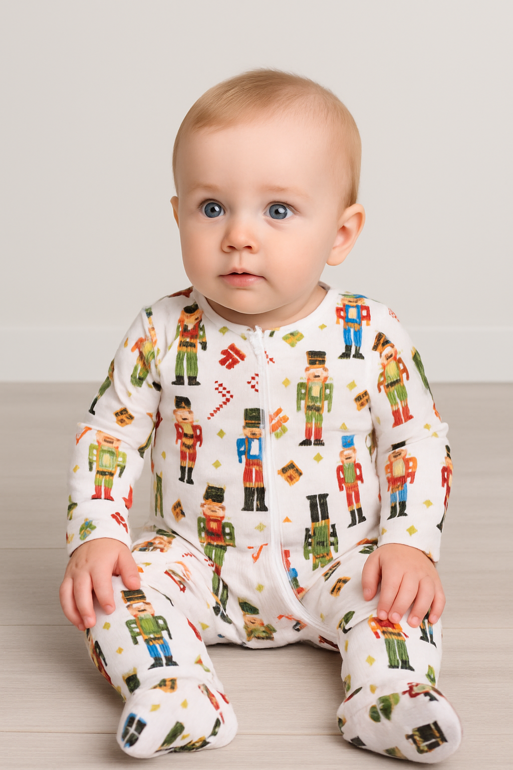 Nutcracker baby footie Expressions Boutique NY, holiday baby pajamas, Christmas soldier onesie, festive baby sleepwear, boutique holiday outfit, double zip baby footie