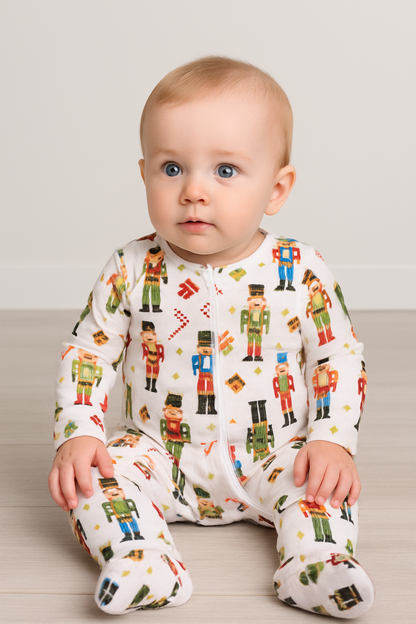 Nutcracker baby footie Expressions Boutique NY, holiday baby pajamas, Christmas soldier onesie, festive baby sleepwear, boutique holiday outfit, double zip baby footie