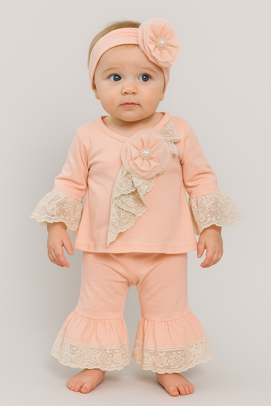 3pc Set w Hat Peach w Lace Trim