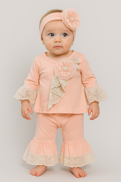 3pc Set w Hat Peach w Lace Trim