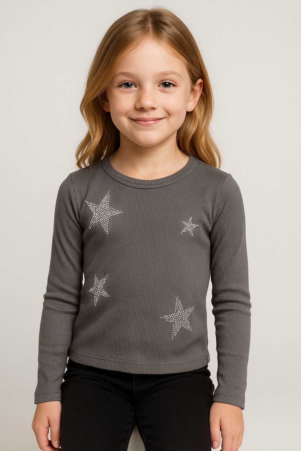 girls rhinestone star shirt Expressions Boutique NY, size 7 girls top, sparkle long sleeve kids shirt, boutique girls clothing NY, grey ribbed girls shirt, trendy kids fall outfit