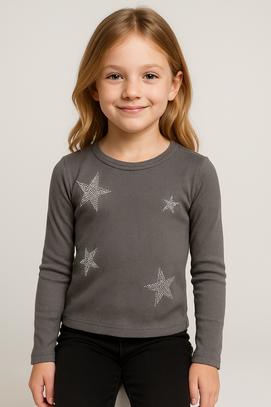 girls rhinestone star shirt Expressions Boutique NY, size 7 girls top, sparkle long sleeve kids shirt, boutique girls clothing NY, grey ribbed girls shirt, trendy kids fall outfit