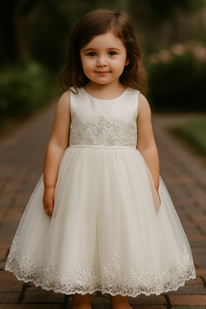 ivory lace flower girl dress, ivory tulle flower girl gown, boutique girls special occasion dress, ivory lace formal dress, couture girls dress, ivory embroidered lace gown, boutique flower girl outfit, ivory communion dress, Expressions Boutique NY, special occasion kids fashion