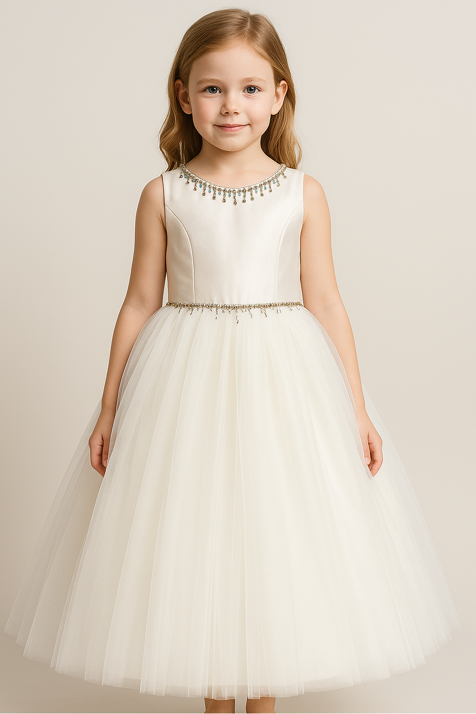 ivory lace communion dress, beaded flower girl gown, couture branch lace dress, organza communion gown, elegant girls formal dress, boutique ivory satin dress, one of a kind communion dress, Expressions Boutique NY, embroidered girls dress, special occasion couture wear