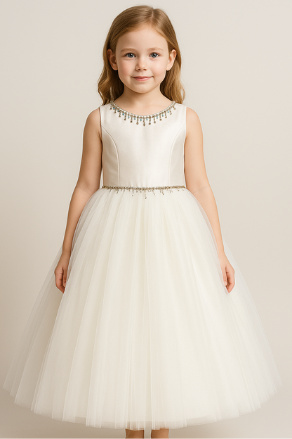 ivory lace communion dress, beaded flower girl gown, couture branch lace dress, organza communion gown, elegant girls formal dress, boutique ivory satin dress, one of a kind communion dress, Expressions Boutique NY, embroidered girls dress, special occasion couture wear