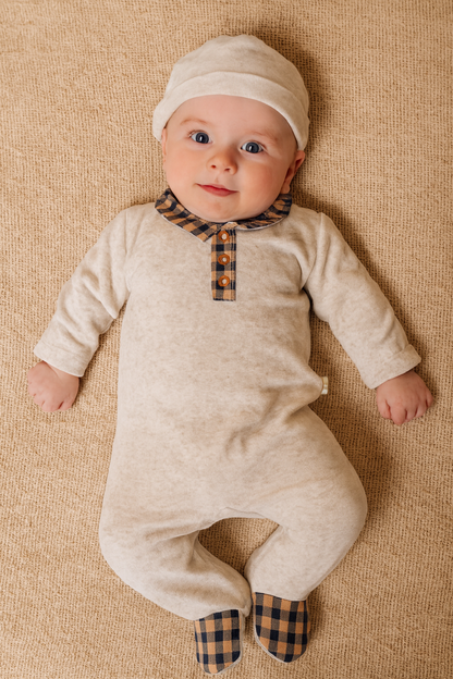 boutique baby velour footie set Expressions Boutique NY, camel velour baby outfit with hat, neutral gender newborn take home outfit, checkered collar baby jumpsuit soft cozy, luxury baby sleepwear gift set