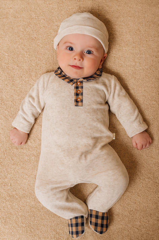 boutique baby velour footie set Expressions Boutique NY, camel velour baby outfit with hat, neutral gender newborn take home outfit, checkered collar baby jumpsuit soft cozy, luxury baby sleepwear gift set
