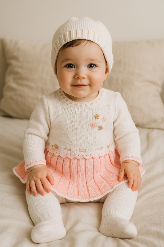 2pc White w Pink Skirt Knit Dress w Knit Footy Pants