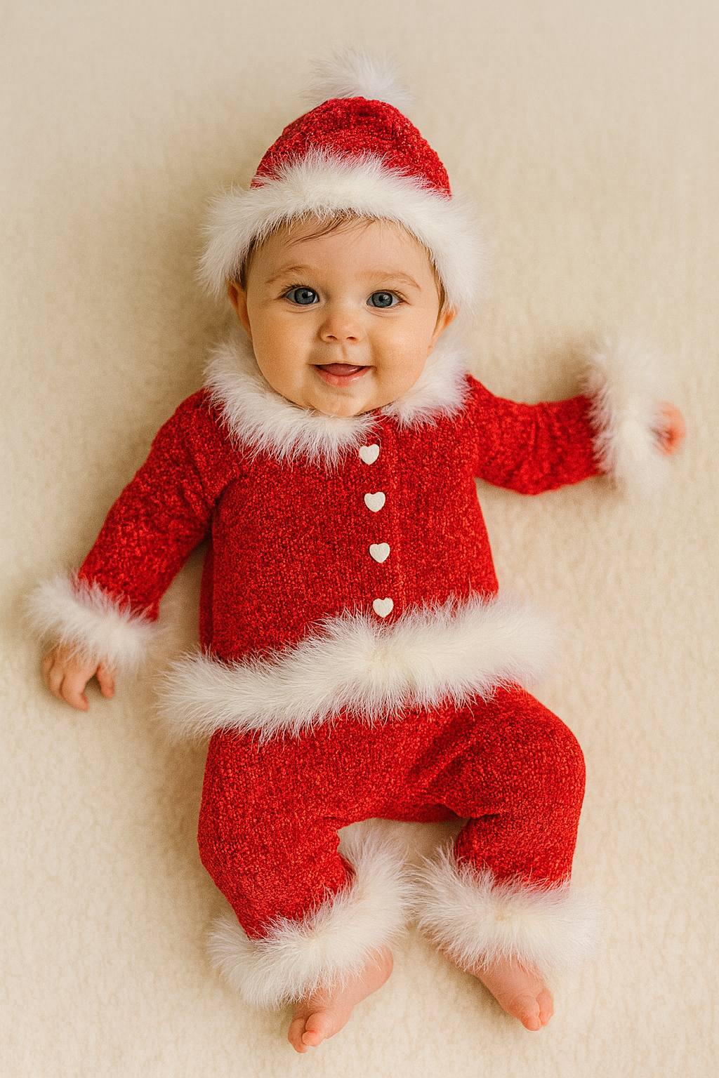 boutique baby holiday outfit Expressions Boutique NY, red chenille Christmas baby set, Santa baby outfit with hat, soft fuzzy infant holiday clothing, festive baby winter outfit warm cozy
