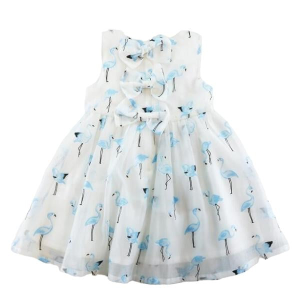 White Dress w Blue Flamingos and Bow Detail on Back