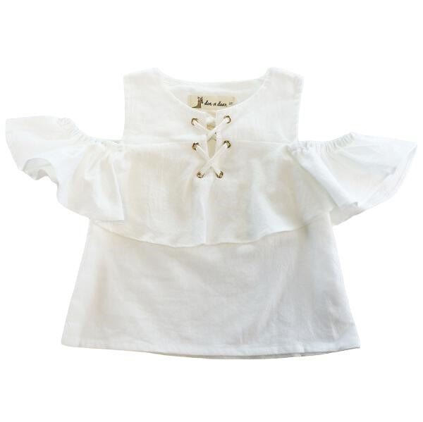 White Cold Shoulder Linen Top with Lace Up Detail
