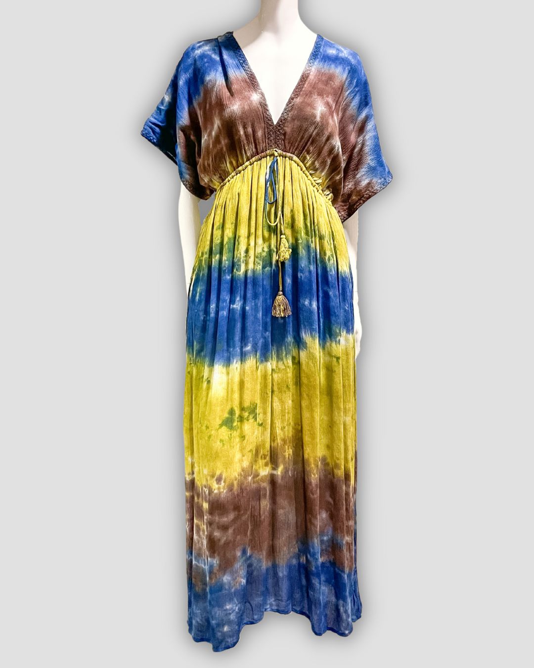 Blue/Lime Green Tie Dye Maxi Flutter Sleeve Dress