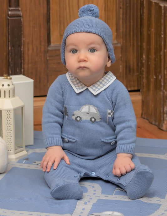 Light Blue Knit Footie w Check Collar