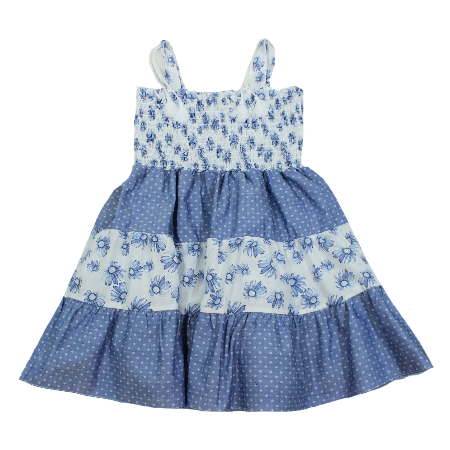 Blue & White Multi Dress w Polka Dot & Flower Detail