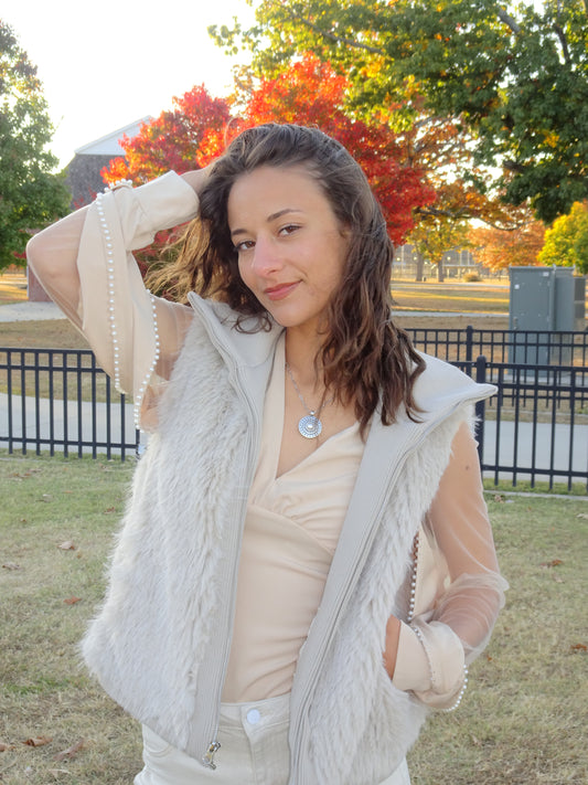 Beige LS Mesh Puff Sleeve w Beaded Detail