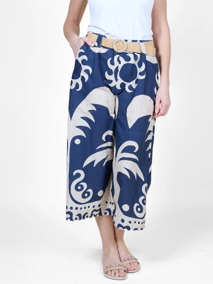 Midnight Blue Pull on Belted 2 Tone Flare Pant
